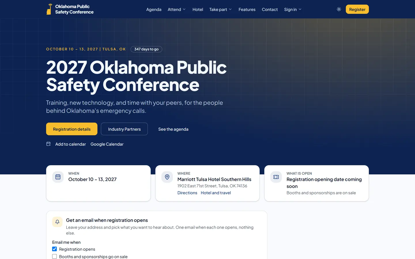 The Oklahoma Public Safety Conference home page with dates, venue, and what is open