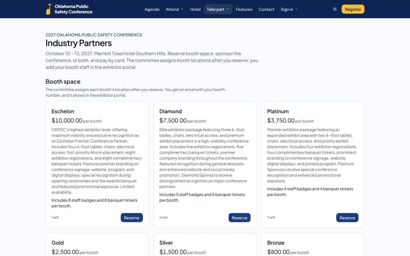 Industry Partners page listing booth packages with prices, included staff badges, and how many are left